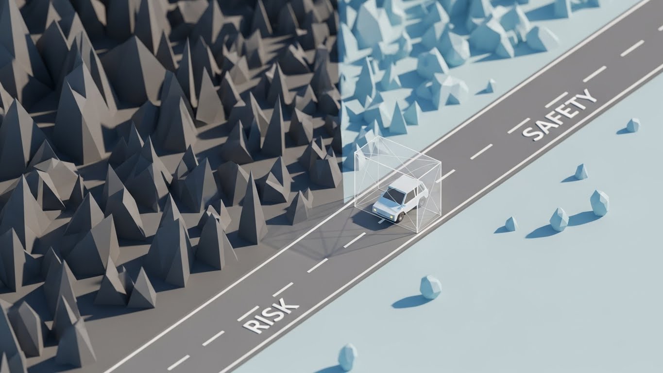 (Low-Poly 3D): Risk vs. Safety Terrain + Simplifying Compliance