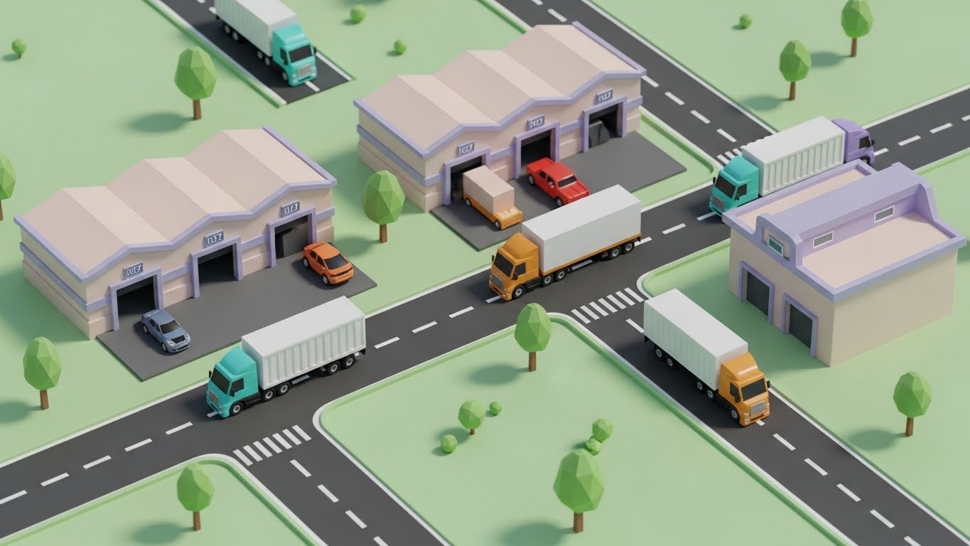 (Low-Poly 3D): Organized Fleet + Managing Commercial Complexity