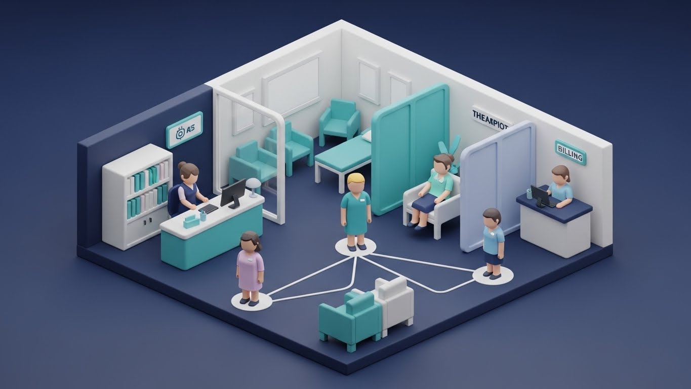 (Isometric 3D Workflow): Miniature Clinic Model - Holistic Care Orchestration
