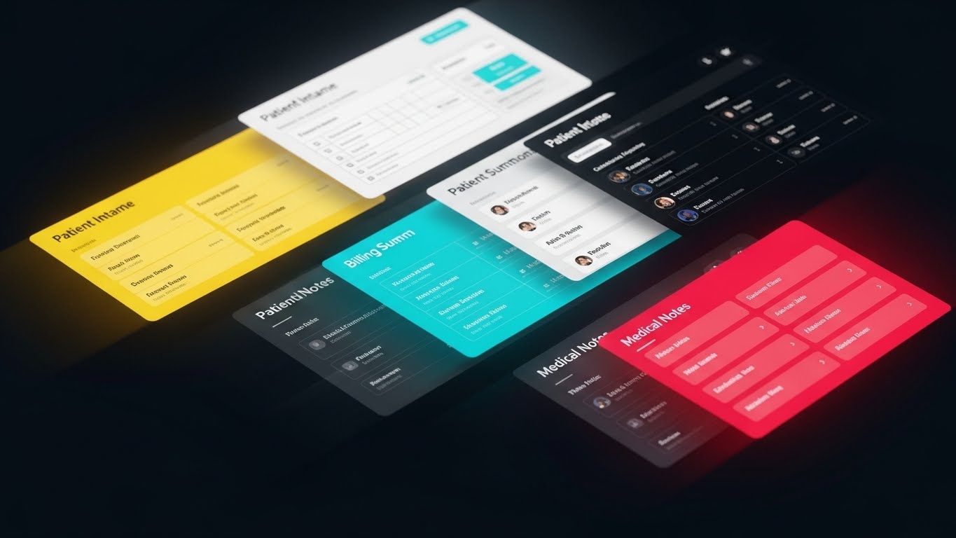 (Rapid UI Feature Montage): Angled Screen Slices - Comprehensive Platform Depth
