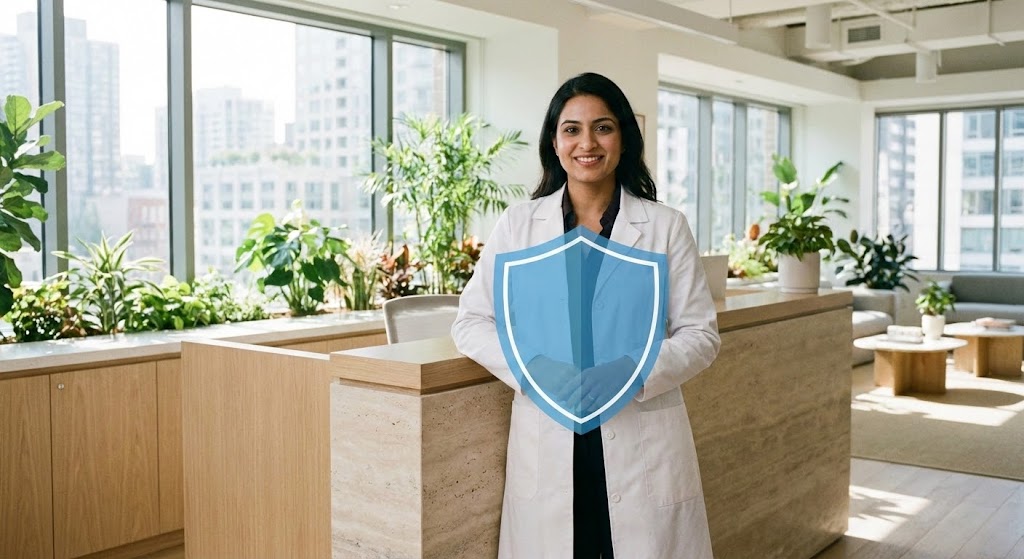 (2D Graphics Over Live Action): Floating Digital Shield - Integrated Clinical Protection