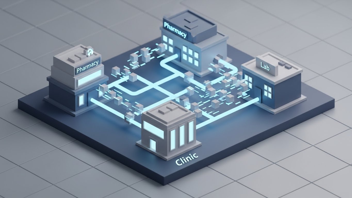 (Isometric 3D Workflow): Ecosystem Connectivity + Bridging care gaps.