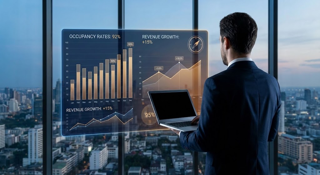 (Lifestyle Stock with UI Overlay): Executive Vision + Monitoring strategic KPIs.