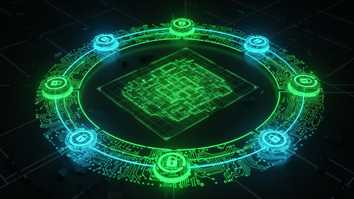 (Futuristic Neon/Dark Mode): Glowing Perimeter + Securing Enterprise Data