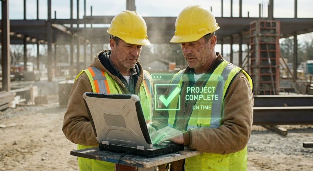 (Lifestyle Stock with UI Overlay): Holographic Checkmark + Confirming On-Site Utility