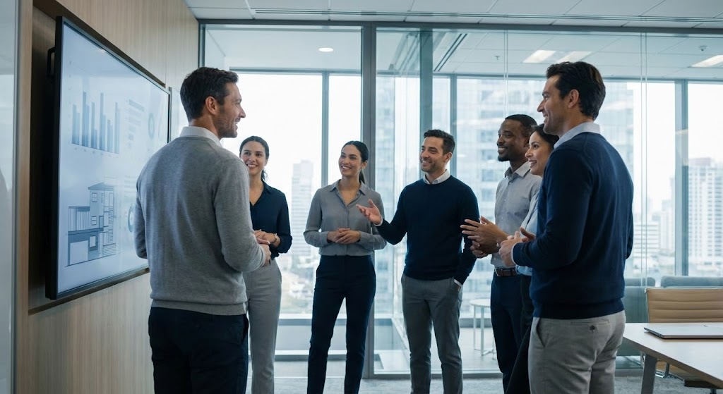 (Aspirational Stock Montage): Team Alignment + Corporate Success