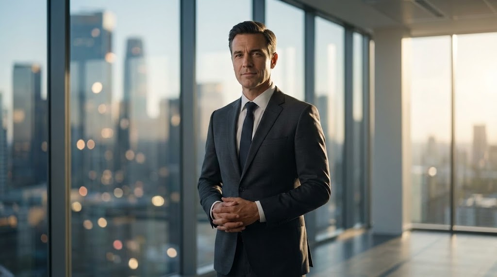 (Generative AI Realistic Character): Executive Authority + Institutional Trust