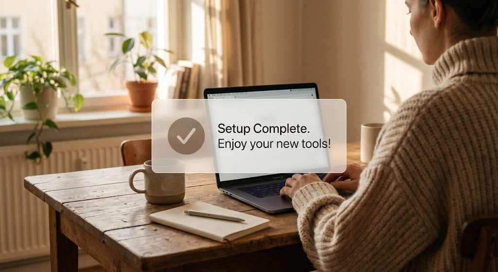(Lifestyle + UI Overlay): Remote Comfort + Confirming Instant Setup