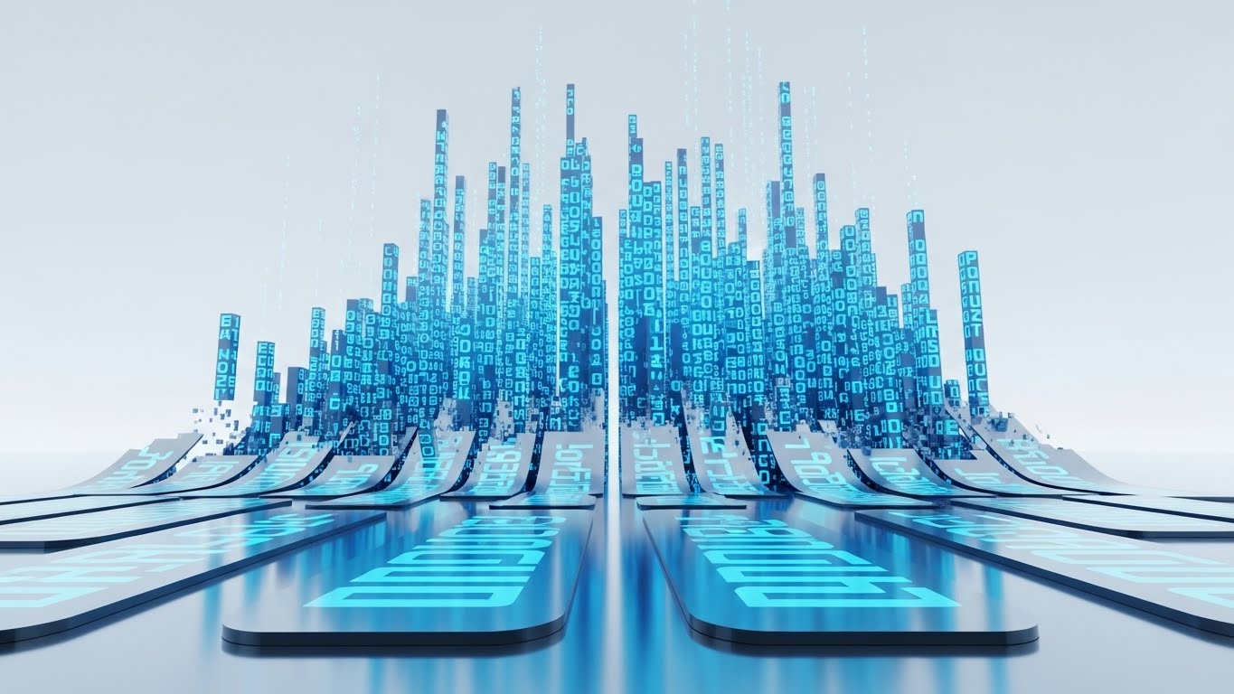 (Abstract 3D AI Visualization): Digital Pillars - Modernizing Market Infrastructure