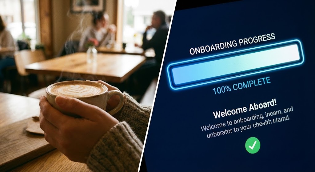 (Split Screen: Optimized Reality and UI): Espresso Pace - Rapid Onboarding Velocity