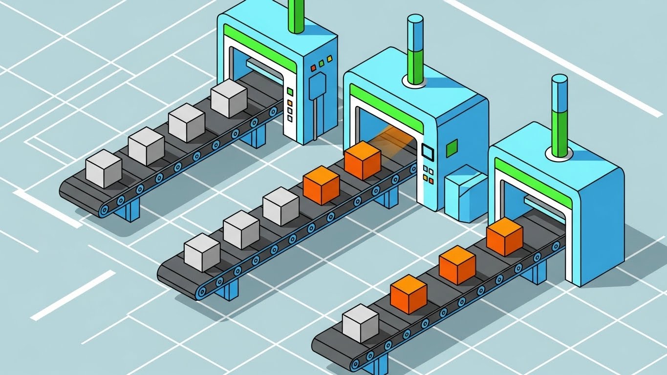 (Isometric 2D Motion Design): Process Line - Straight-Through Efficiency