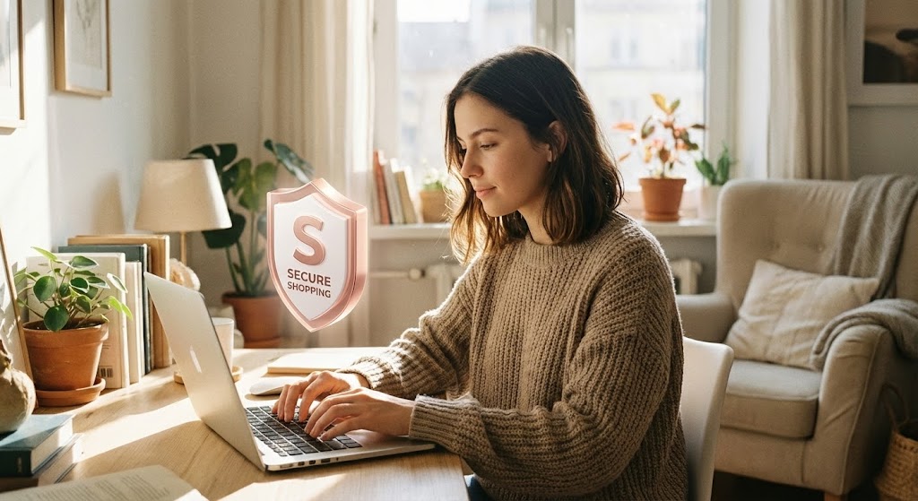 (Lifestyle Stock with UI Overlay): Invisible Guardian + Frictionless Commerce