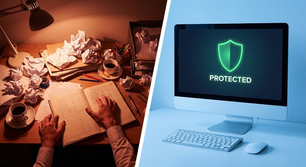 (Split Screen: Optimized Reality and UI): Analog Chaos vs. Digital Order