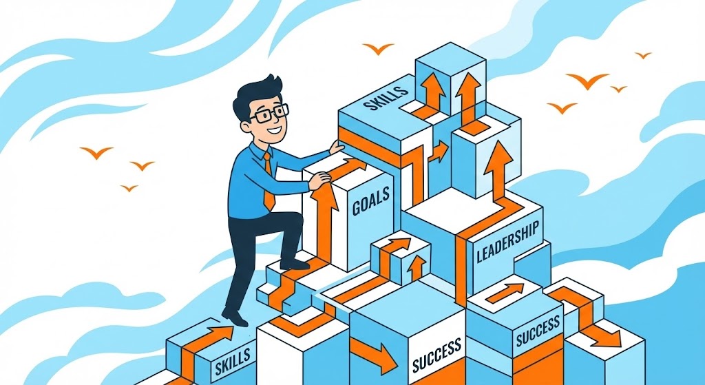(Isometric Vector Illustration): Structured Career Blocks + Employee Agency