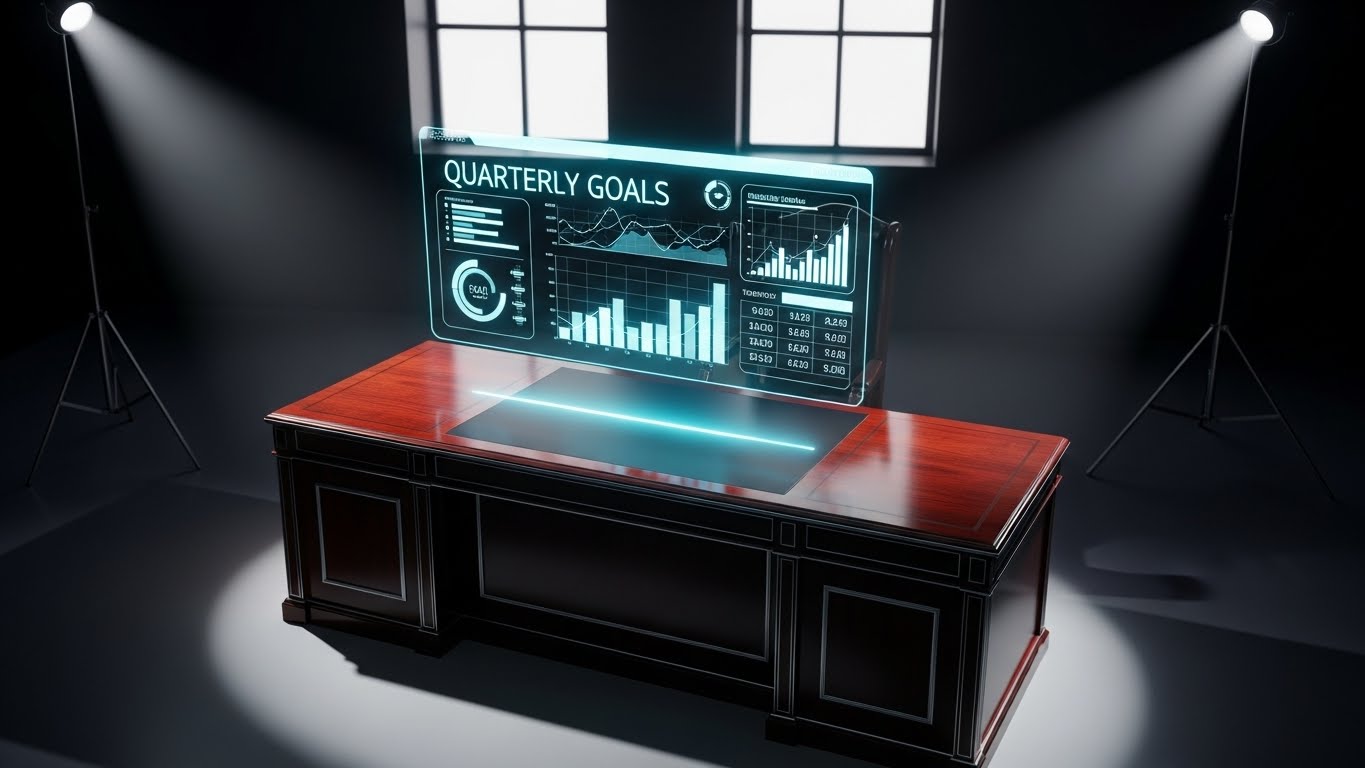 (Holographic UI over 3D): Executive Desk Hologram + Sales Cycle Acceleration