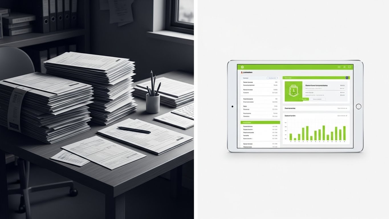 (Split Screen): Legacy Chaos Contrast + Instant Digital Organization