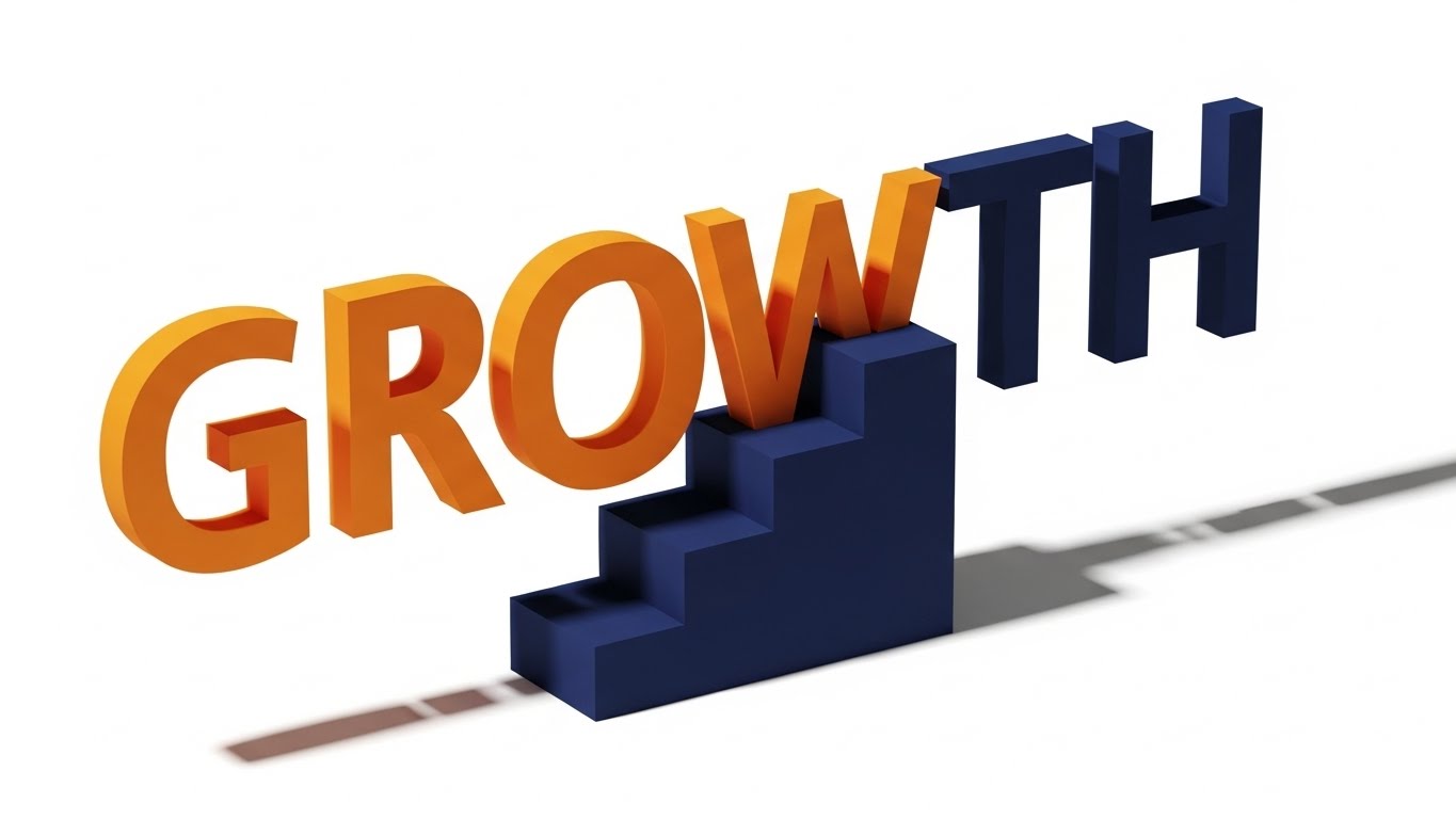 (Bold Kinetic Typography): Staircase Block Transformation + Tangible Growth Momentum