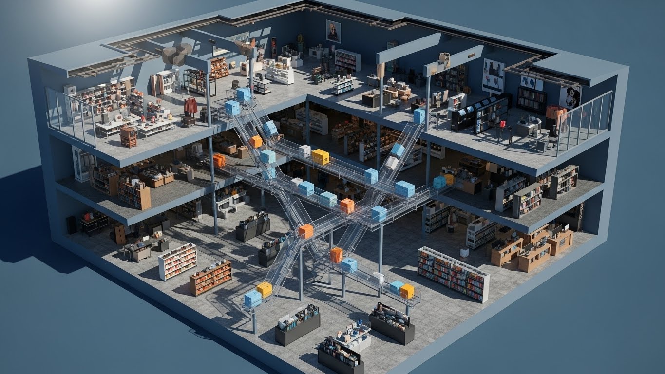 (Isometric 3D Workflow): Architectural Complexity + Synchronized Inventory Movement