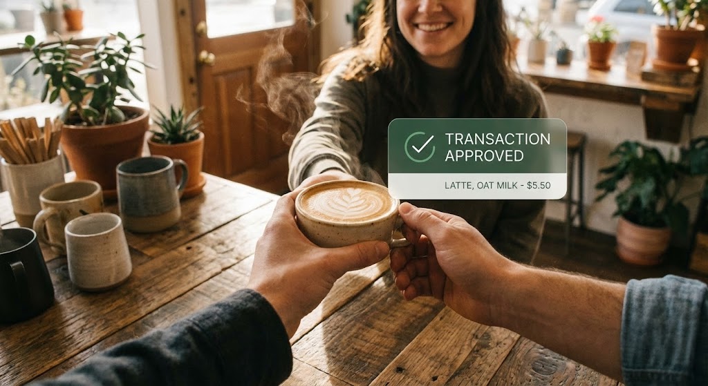 (Lifestyle UI Overlay): The Human Moment + Seamless Digital Confirmation