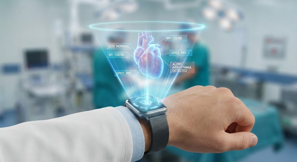 (Holographic UI over 3D Render): Wearable Innovation + Projecting Care Mobility