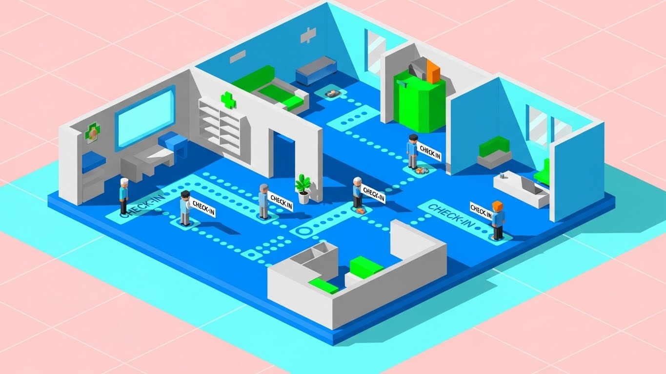(Isometric 2D Motion Design): Clinic Grid + Gamifying Patient Flow