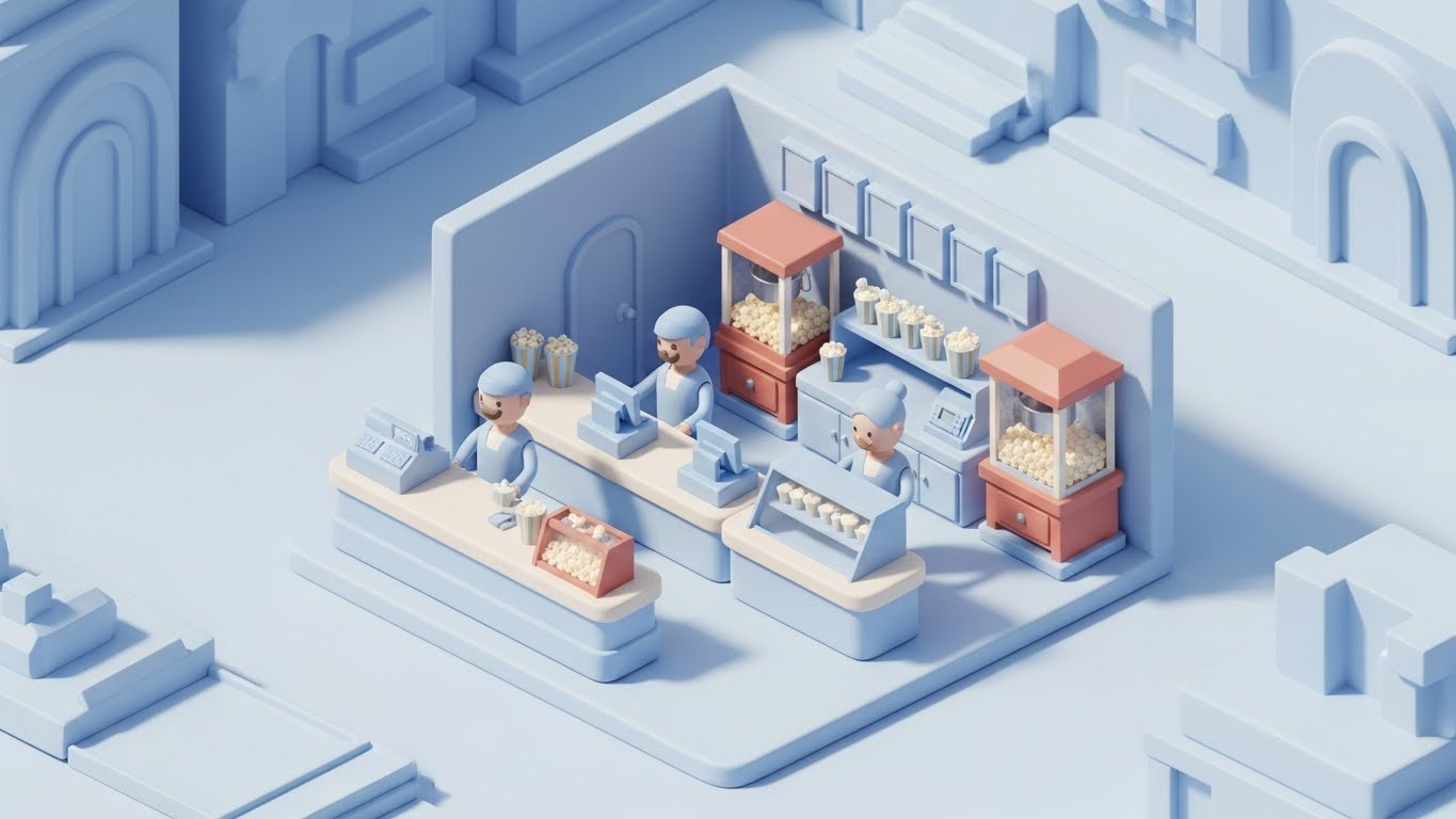 (Isometric 3D Workflow): Concession Miniature — Organizes chaotic operational logistics