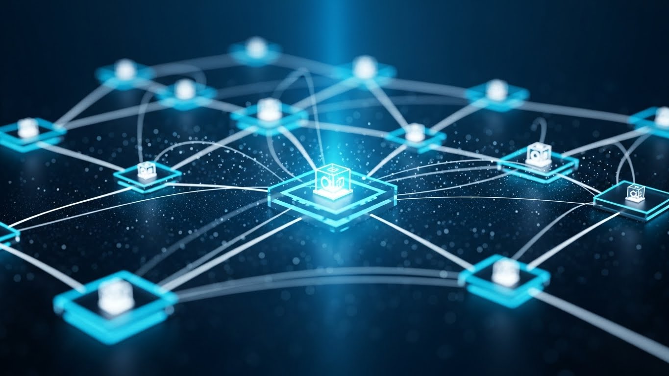 (Abstract 3D AI Visualization): Glowing Network — Unifies multi-location circuit data