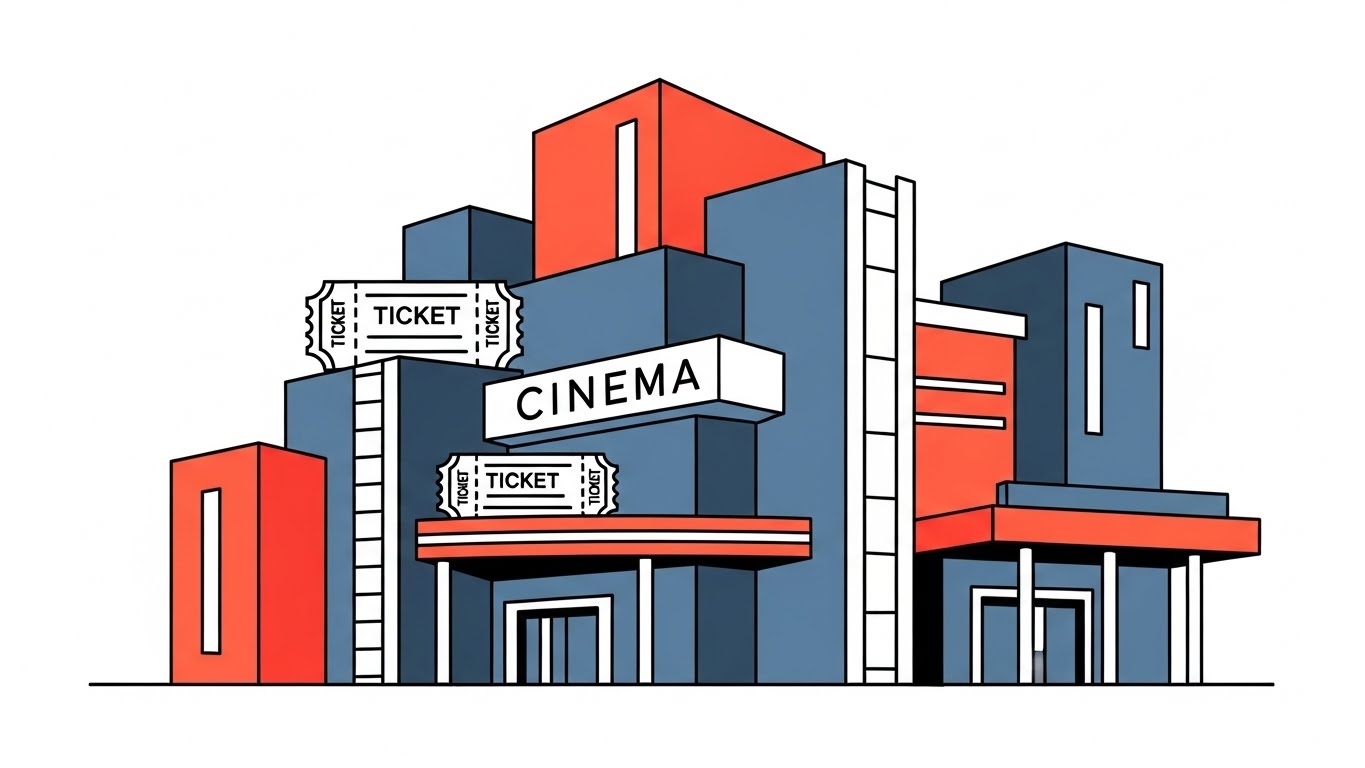 (Minimalist Flat 2D Vector): Geometric Architecture — Simplifies complex cinema management