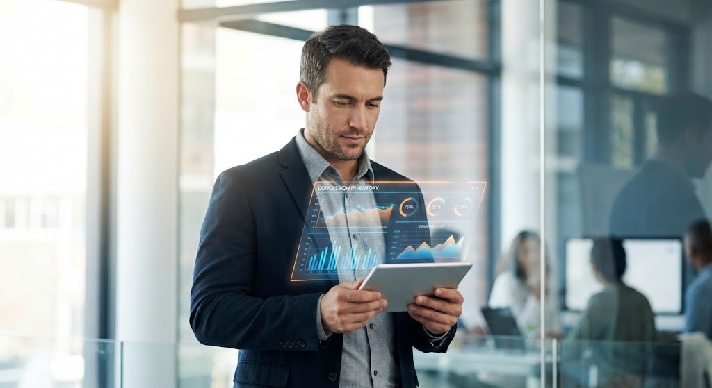 (Lifestyle Stock with UI Overlay): Augmented Management — Projects real-time executive control