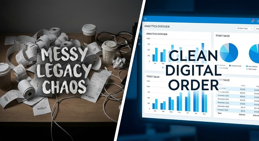 (Split Screen: Optimized Reality and UI): Chaos vs. Order — Contrasts legacy pain with digital relief