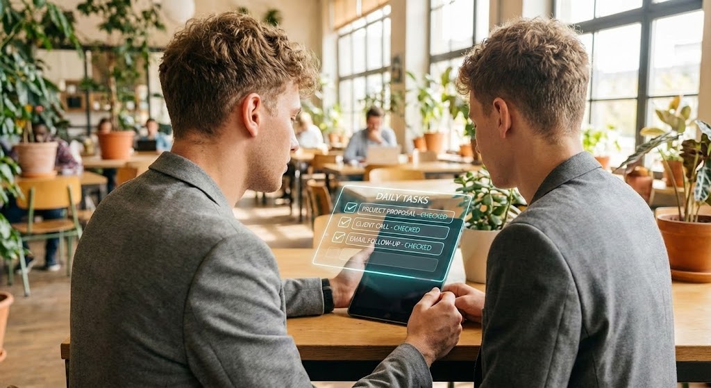 (Lifestyle Stock with UI Overlay): Holographic Checklist + Empowering the Human Worker