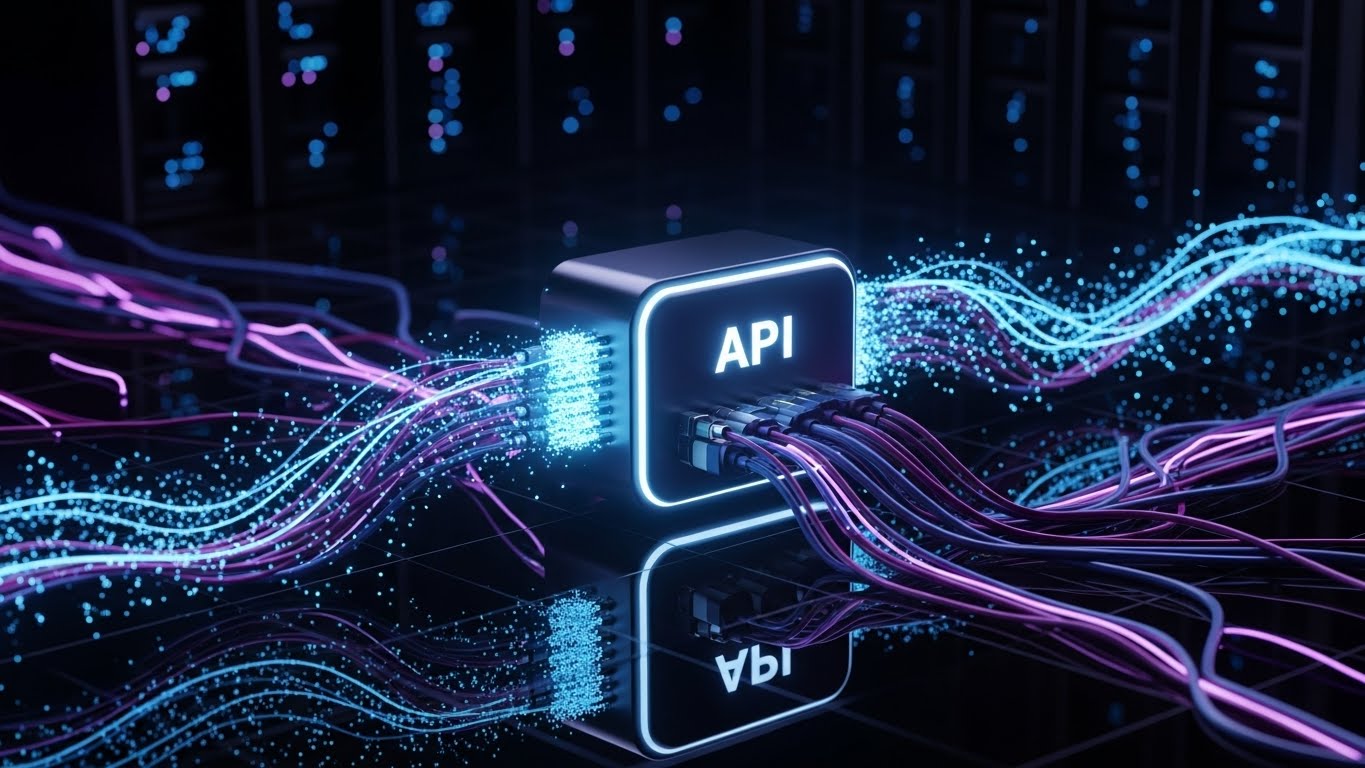 (Futuristic Neon/Dark): Glowing Nodes visualizing API Connectivity