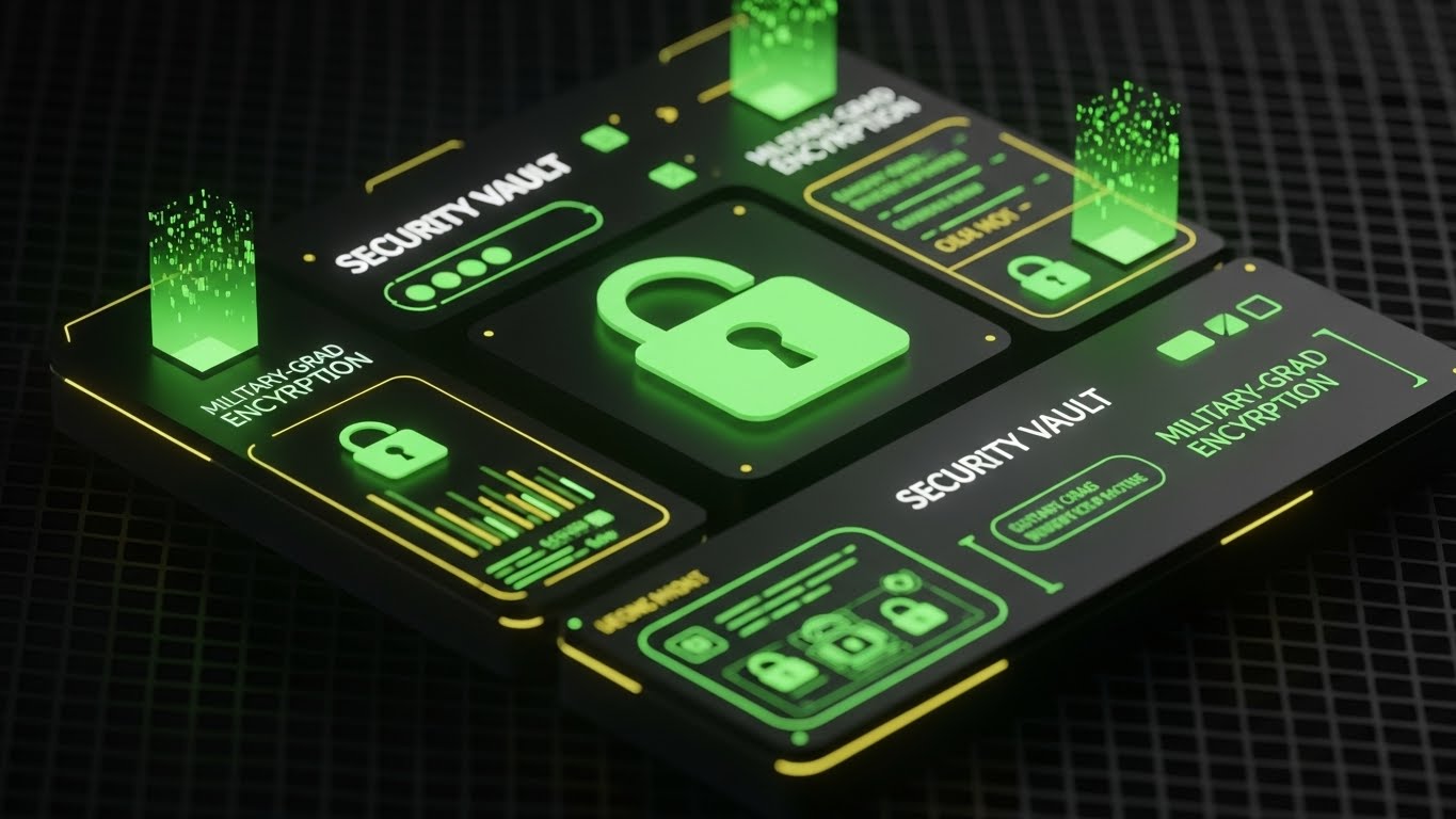 (Dark Mode UI): Neon Locks securing Sensitive Data