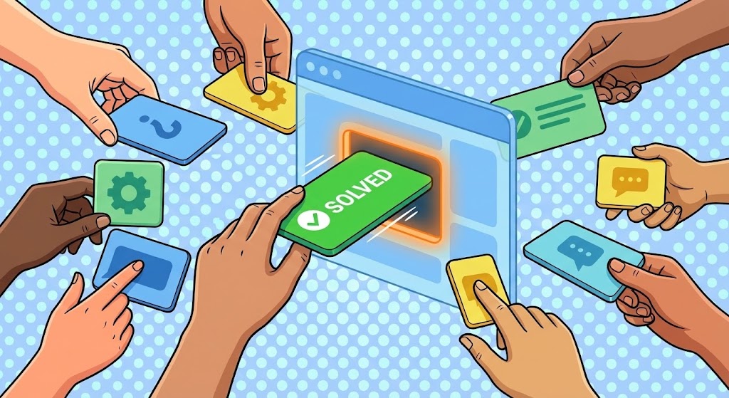 (2D Animation & UI): Collaborative Hands resolving Technical Tickets