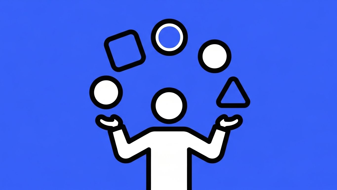 (Minimalist Flat 2D Vector): Abstract Juggling for simplified workflow mastery