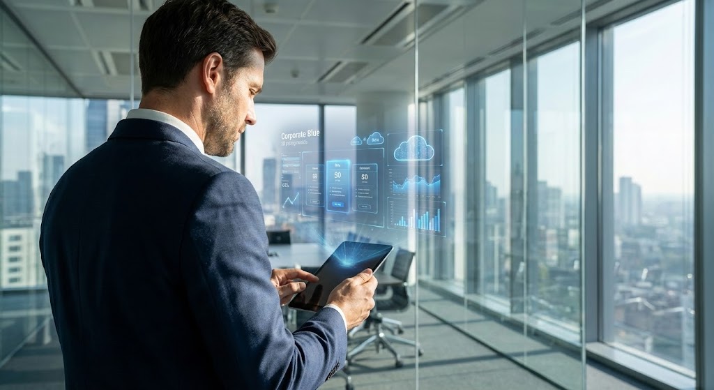 (Lifestyle Stock with UI Overlay): Augmented Intelligence + Mobile Precision