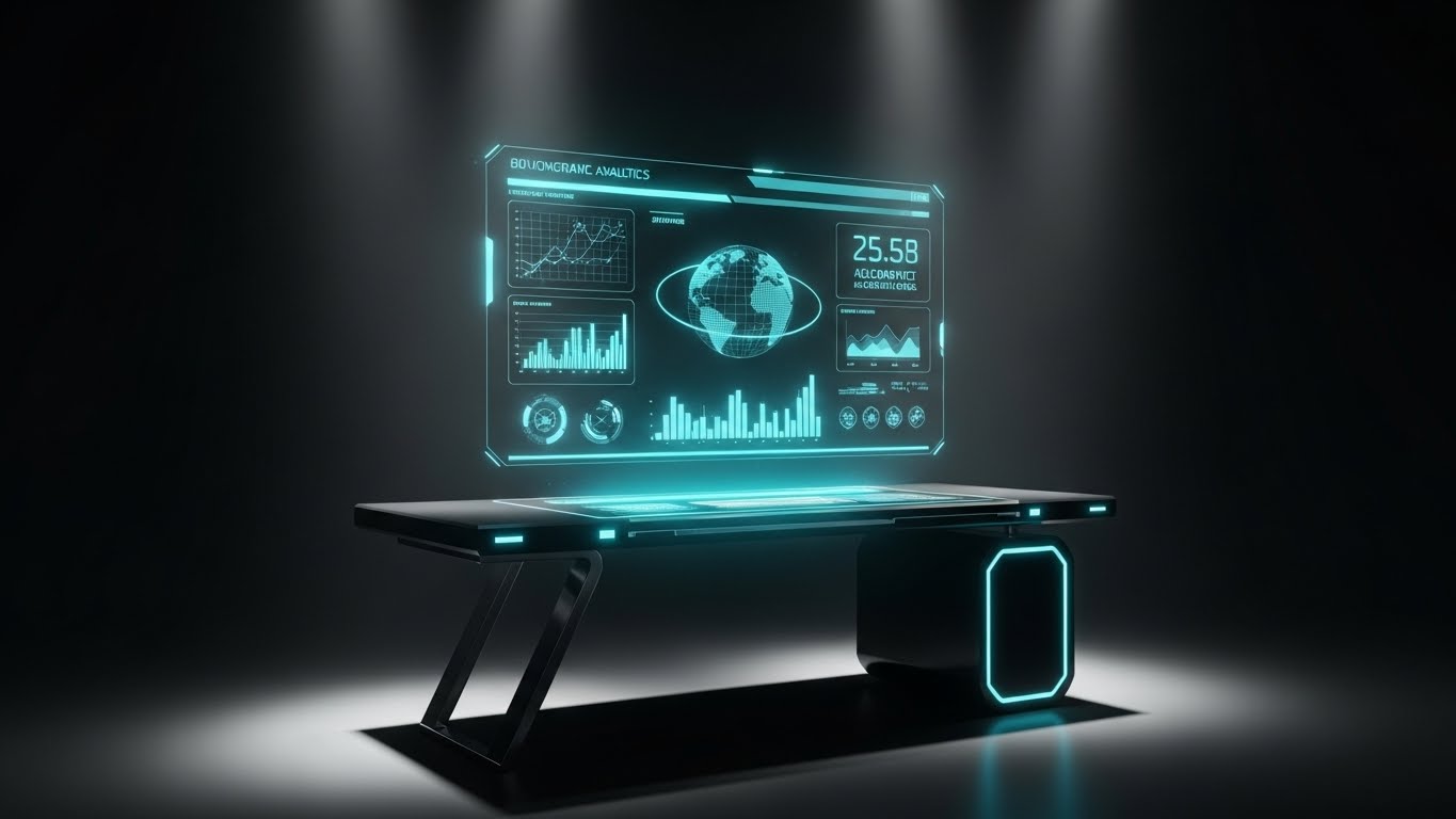 (Holographic UI over 3D Render): The Command Center - Future-Proof Analytics