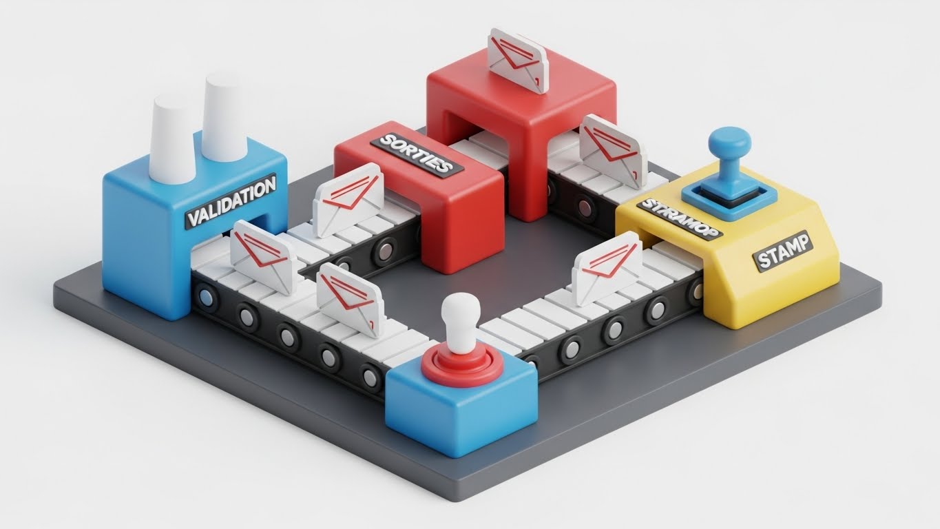 (Isometric Factory): Miniature Assembly Line visualizing Content Governance