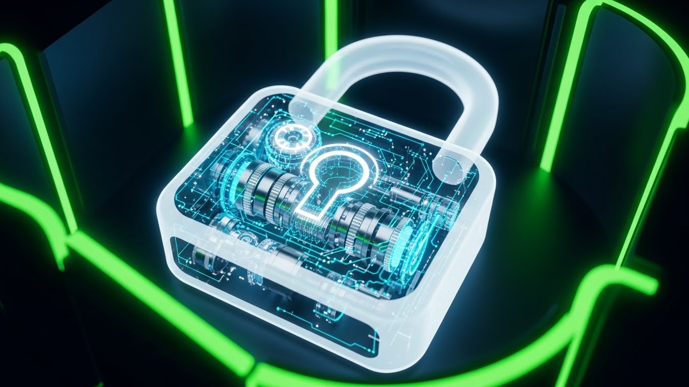 (3D X-Ray): Translucent Padlock visualizing Compliance Architecture