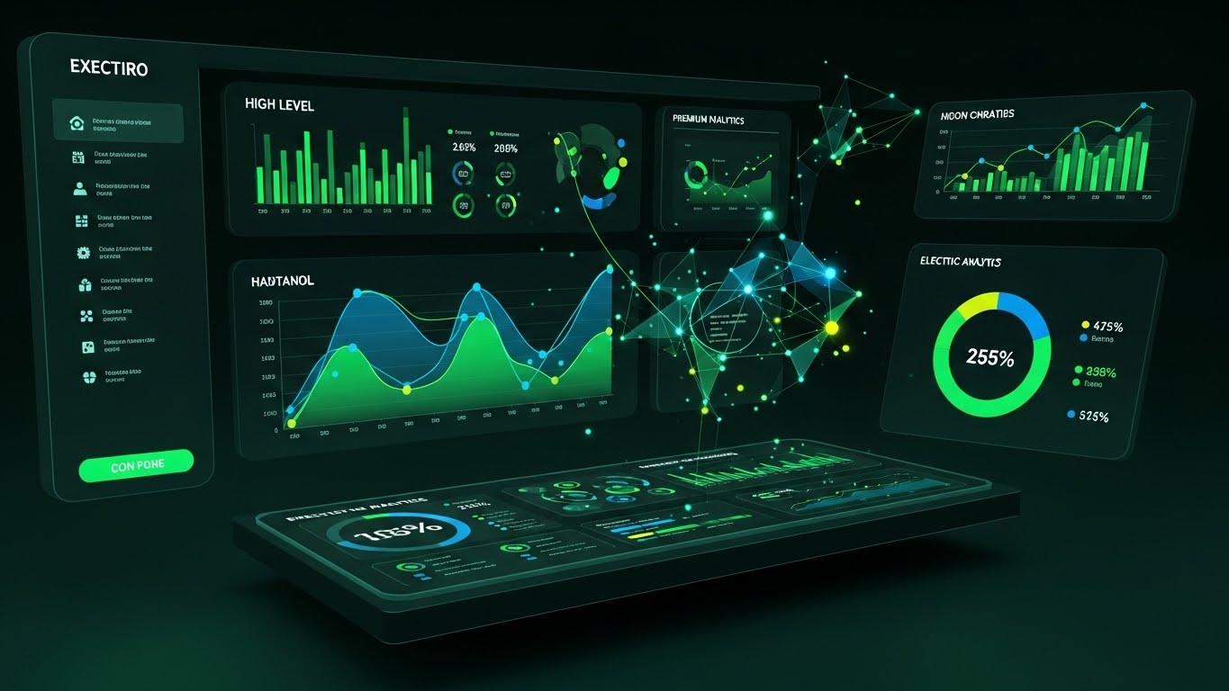 (Dark Mode Analytics): High-Contrast Dashboard visualizing Executive Control