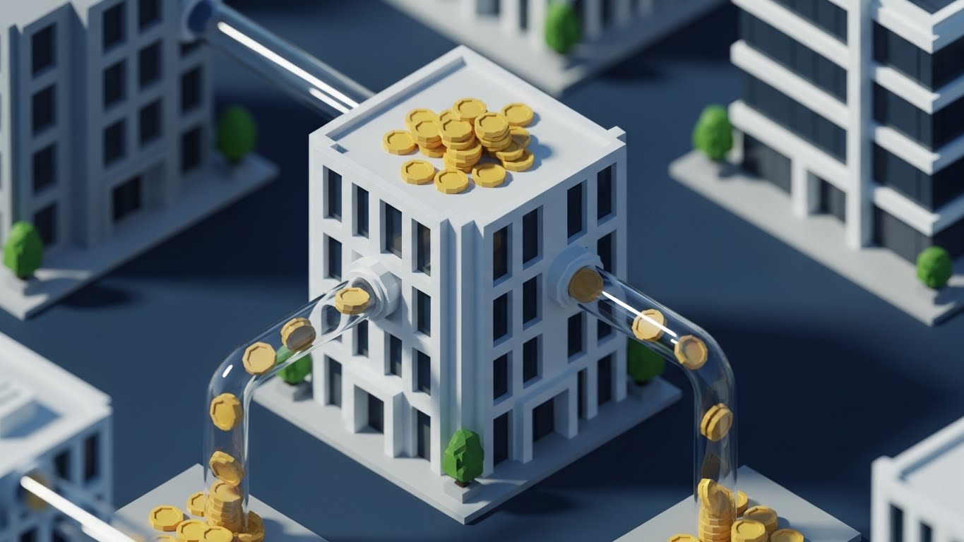 (Isometric 3D Workflow): Monetization Flow Connecting Identity to Revenue