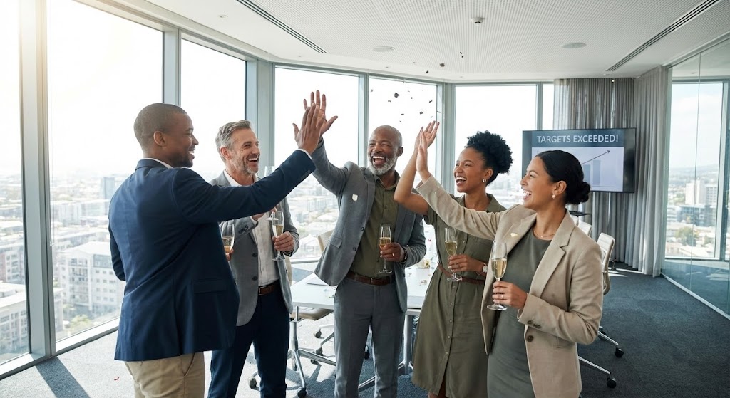 (Aspirational Stock Montage): Team Success Celebrating Frictionless Access