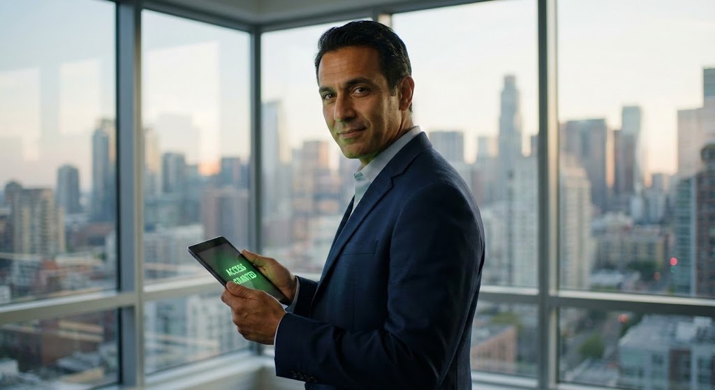 (Realistic character video): Executive Success Validating Frictionless Access