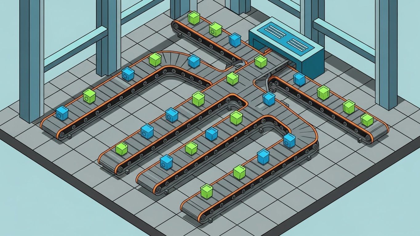 (Isometric 2D Motion): Automated Data Conveyor Streamlined Identity Workflows