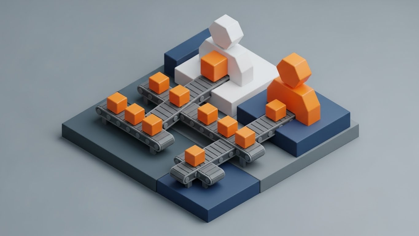 (Isometric 3D Workflow): Industrial Miniature + Simplified Implementation Logic.