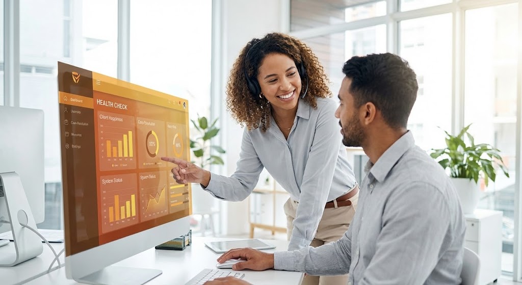 (Lifestyle Stock with UI Overlay): Human Harmony + Proactive Customer Health.