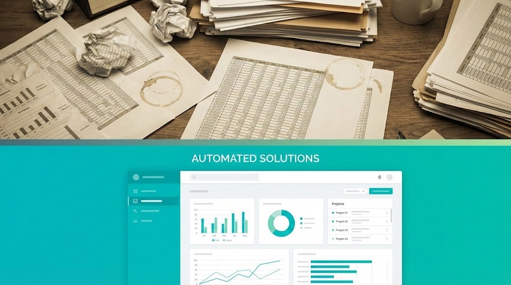 (Split Screen: Reality/UI): Automated Operational Harmony.