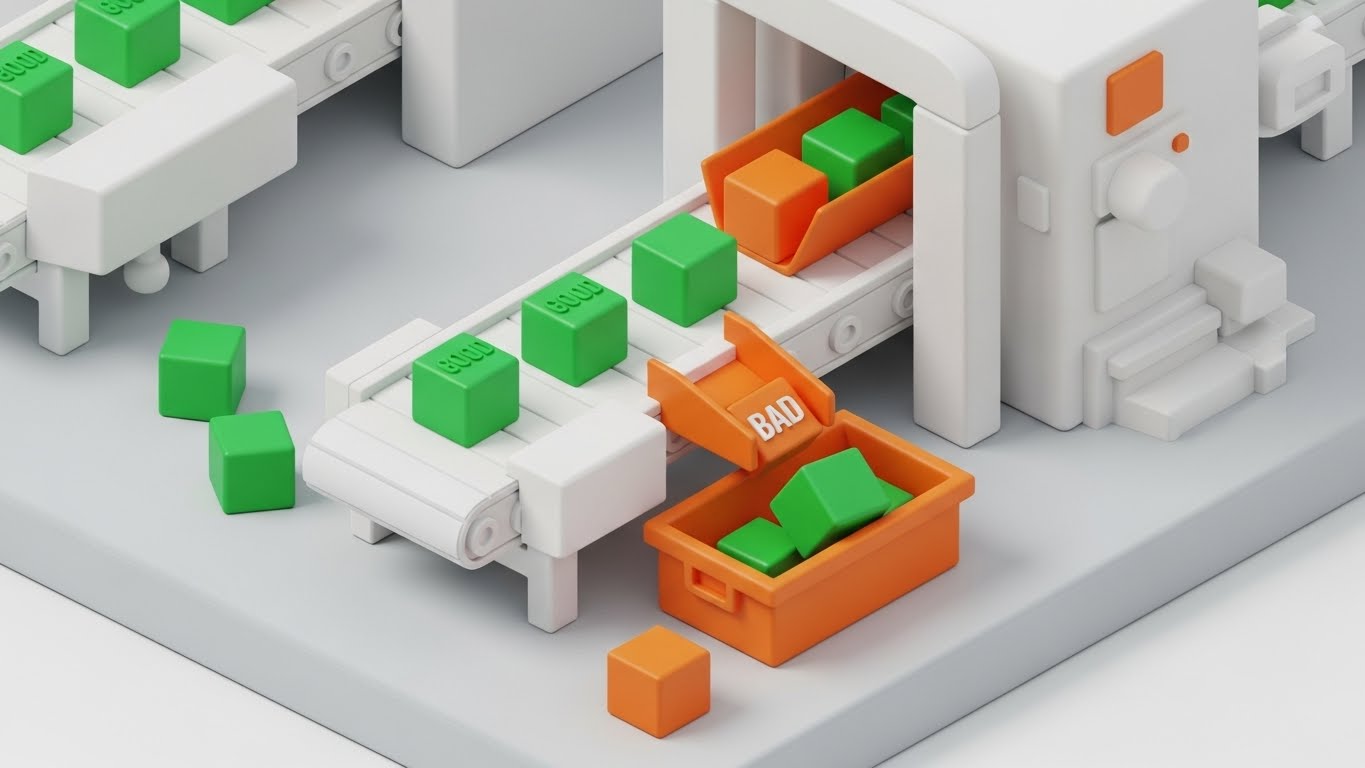 (Isometric 3D Workflow): Logic Factory + Automated Risk Sorting