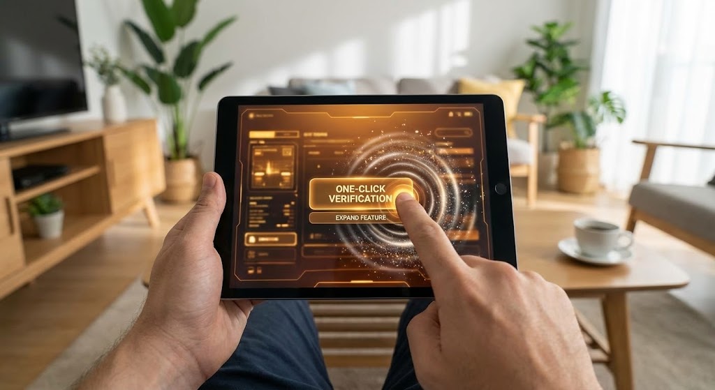 (Lifestyle Stock with UI Overlay): Tactile POV + Seamless Feature Expansion