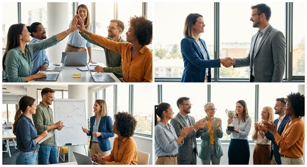 (Aspirational Stock Montage): Mosaic Layout + Global Ecosystem Success